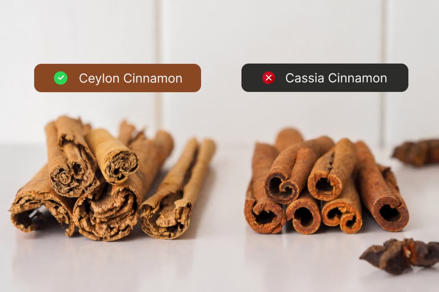 Ceylon cinnamon and cassia cinnamon side by side