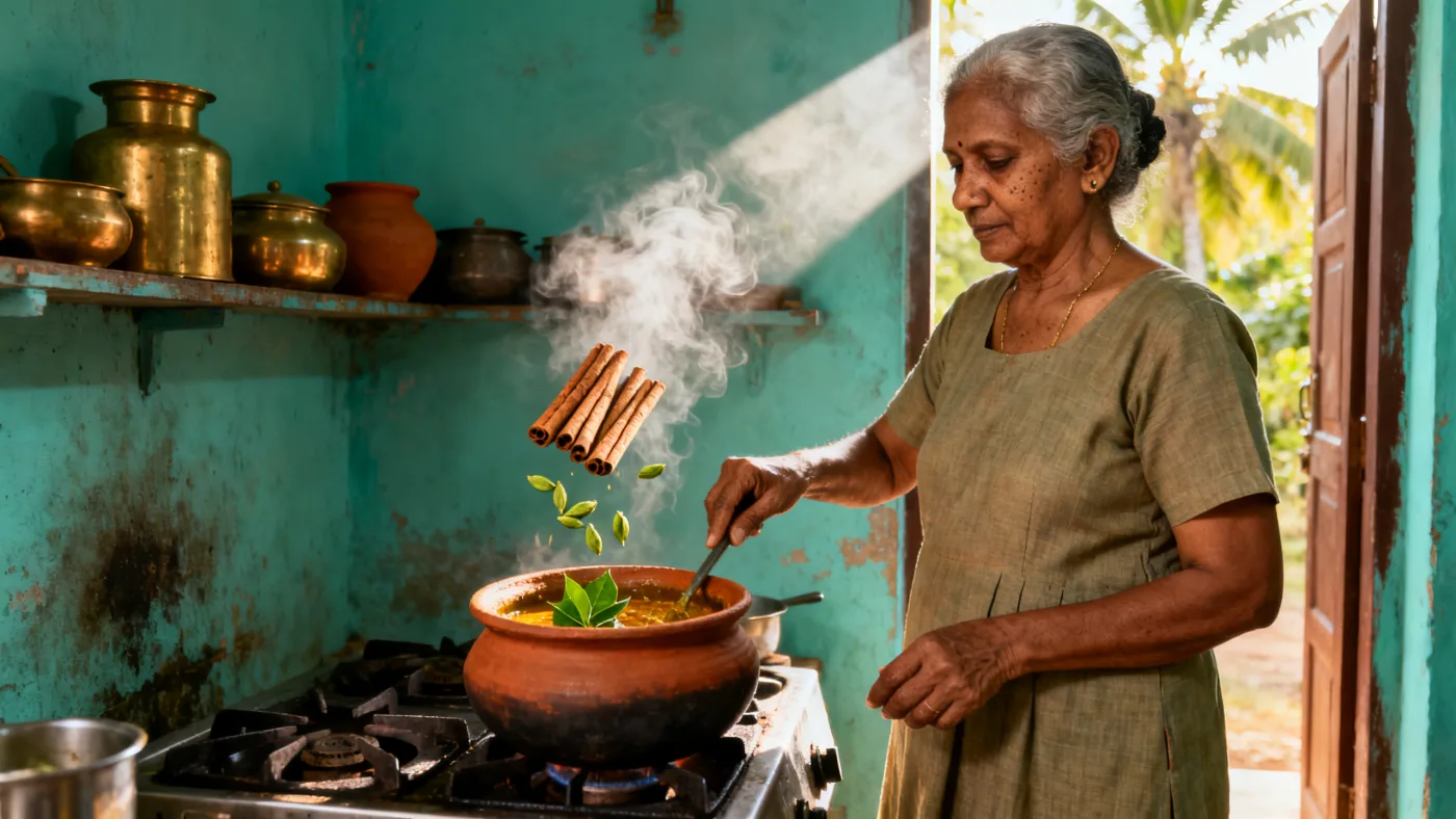 A Sri Lankan home kitchen: whole cinnamon quills going into the curry pot