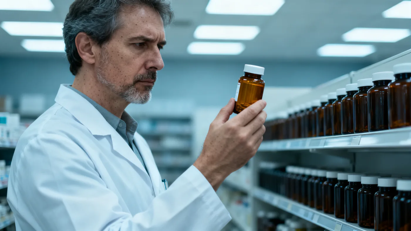 A pharmacist reading the small print on a supplement bottle