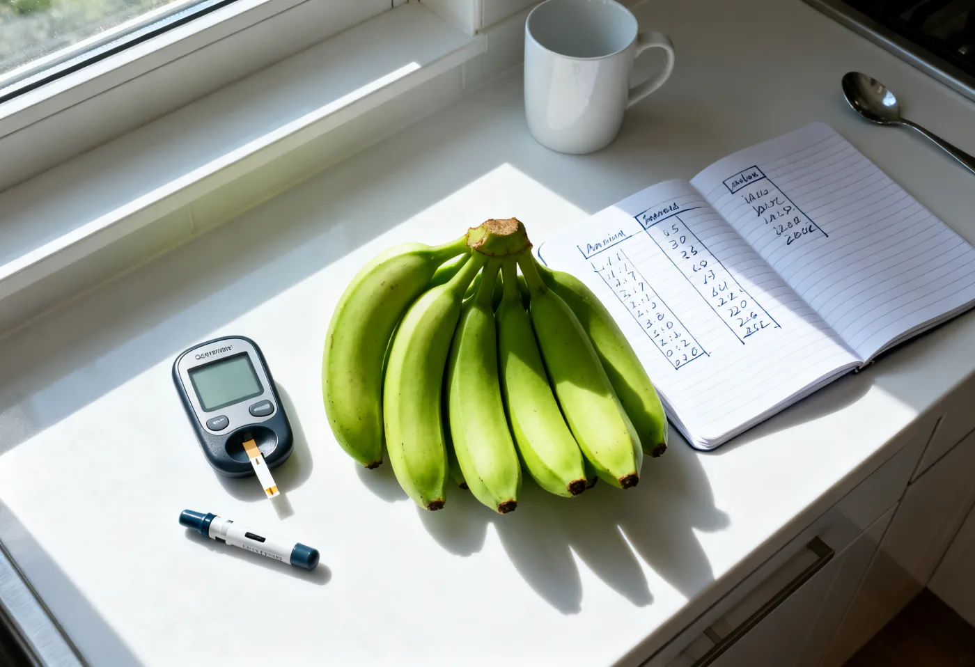 Green bananas, a glucose meter and an open notebook on a bright kitchen counter