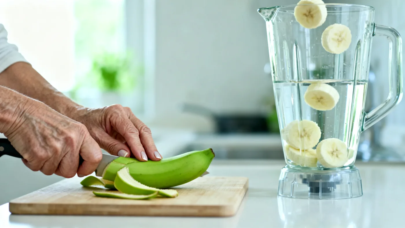 Hands slicing a peeled green banana into a blender jug