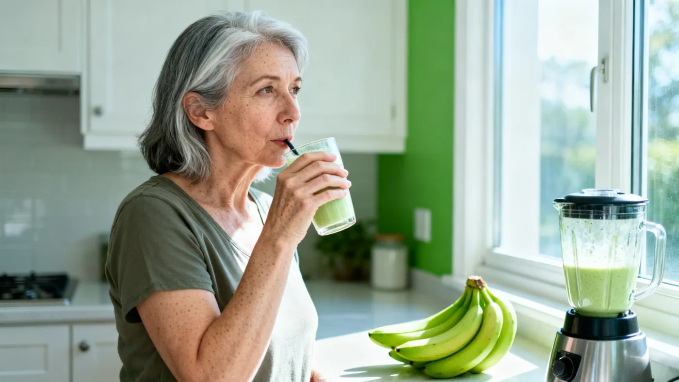 A woman in her sixties at a sunny kitchen counter with a green smoothie