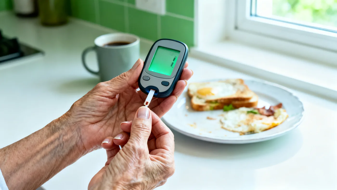 A woman in her sixties checking a glucose meter at a bright kitchen counter after breakfast