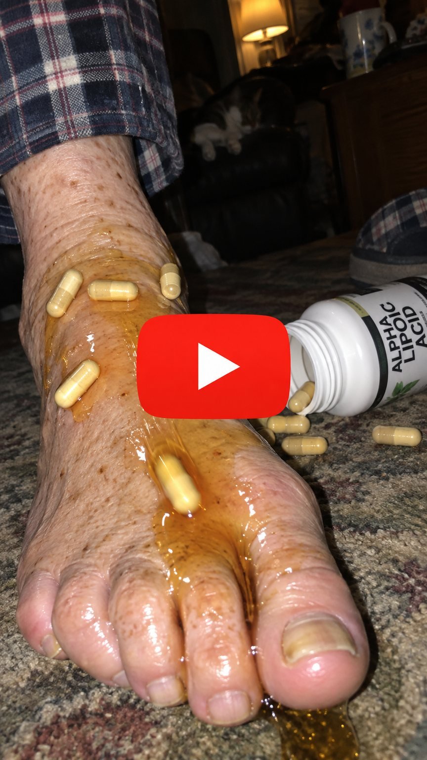 An older man with alpha lipoic acid capsules spilled over his foot
